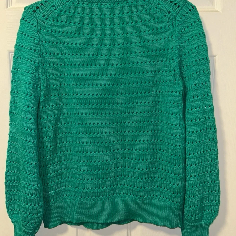 J. Crew Patina Green Balloon Sleeve Pointelle Crew Neck Sweater Sz S